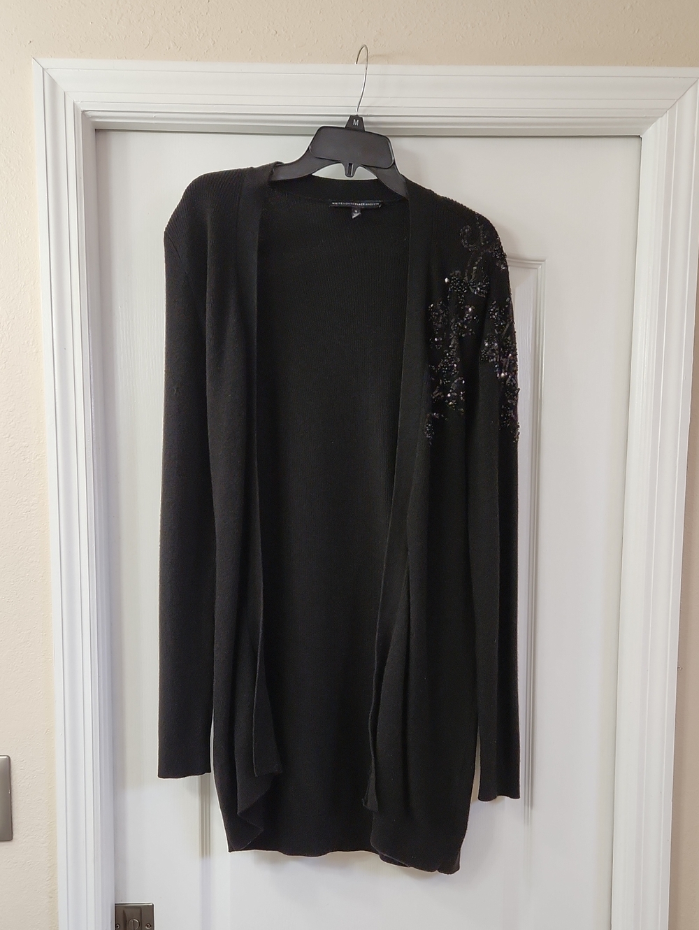 White House Black Market Black Open-Front Beaded Shoulder Cardigan